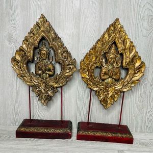2 wooden mosaic carved Buddha Southeast Asia Thai Style Ornament decoration